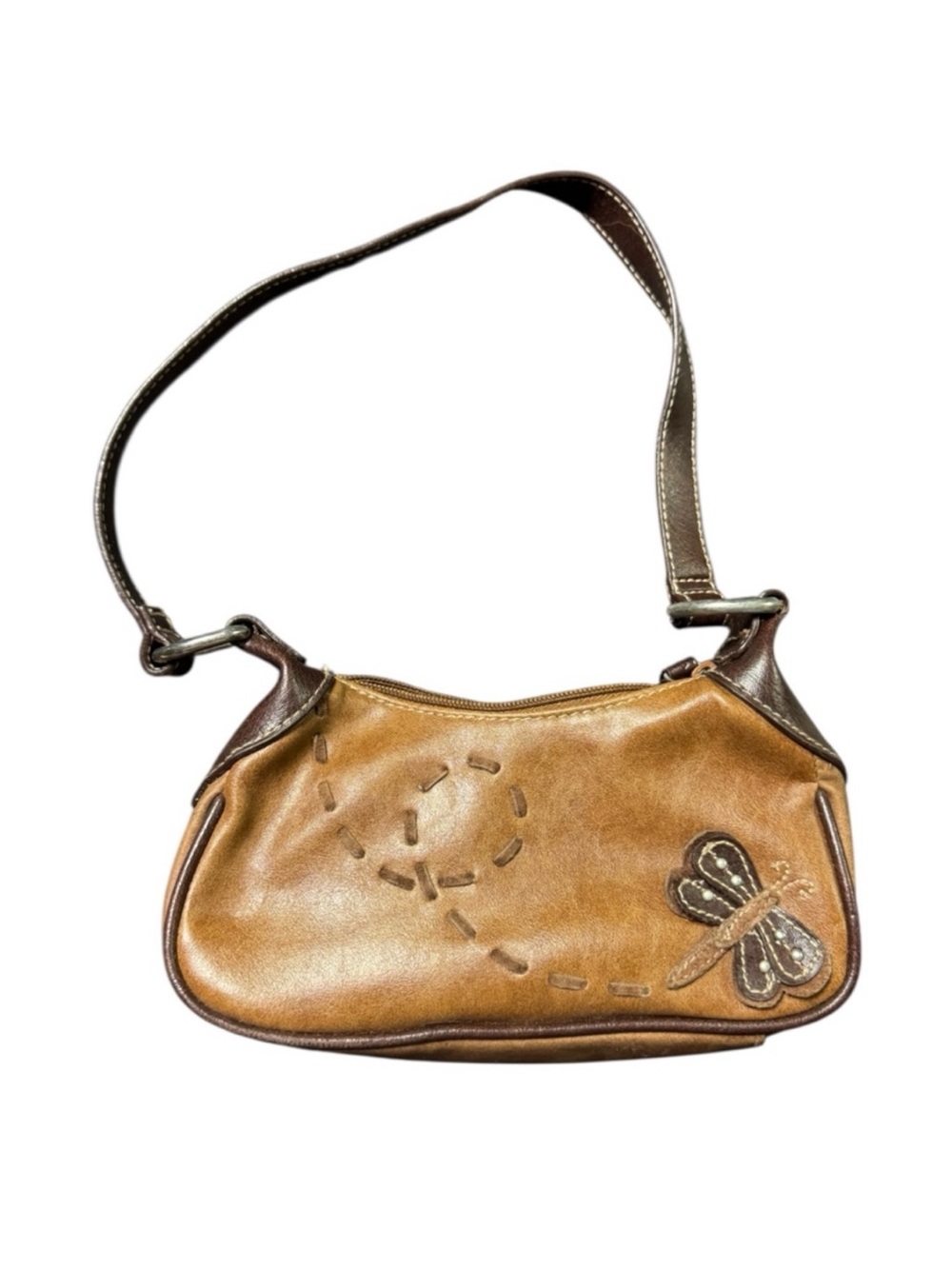 Vintage Butterfly Embroidered Tan Shoulder Bag